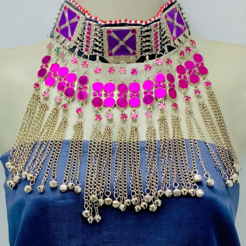Handmade Afghan Choker Necklace: Purple Stone Tribal Statement with Bells - Picture 3 of 12
